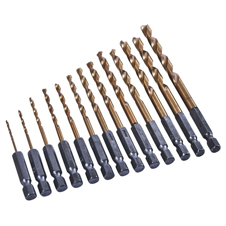 13 Piece 1/4" Titanium Coated Hss Drill Bit Set For Wood Or Metal Power Bit Set