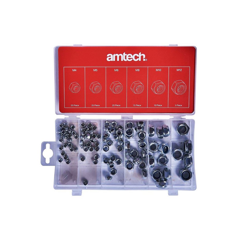 Amtech 100x Assorted Locking Nuts Bolts Storage Case Inserts Nyloc Professional - S6220