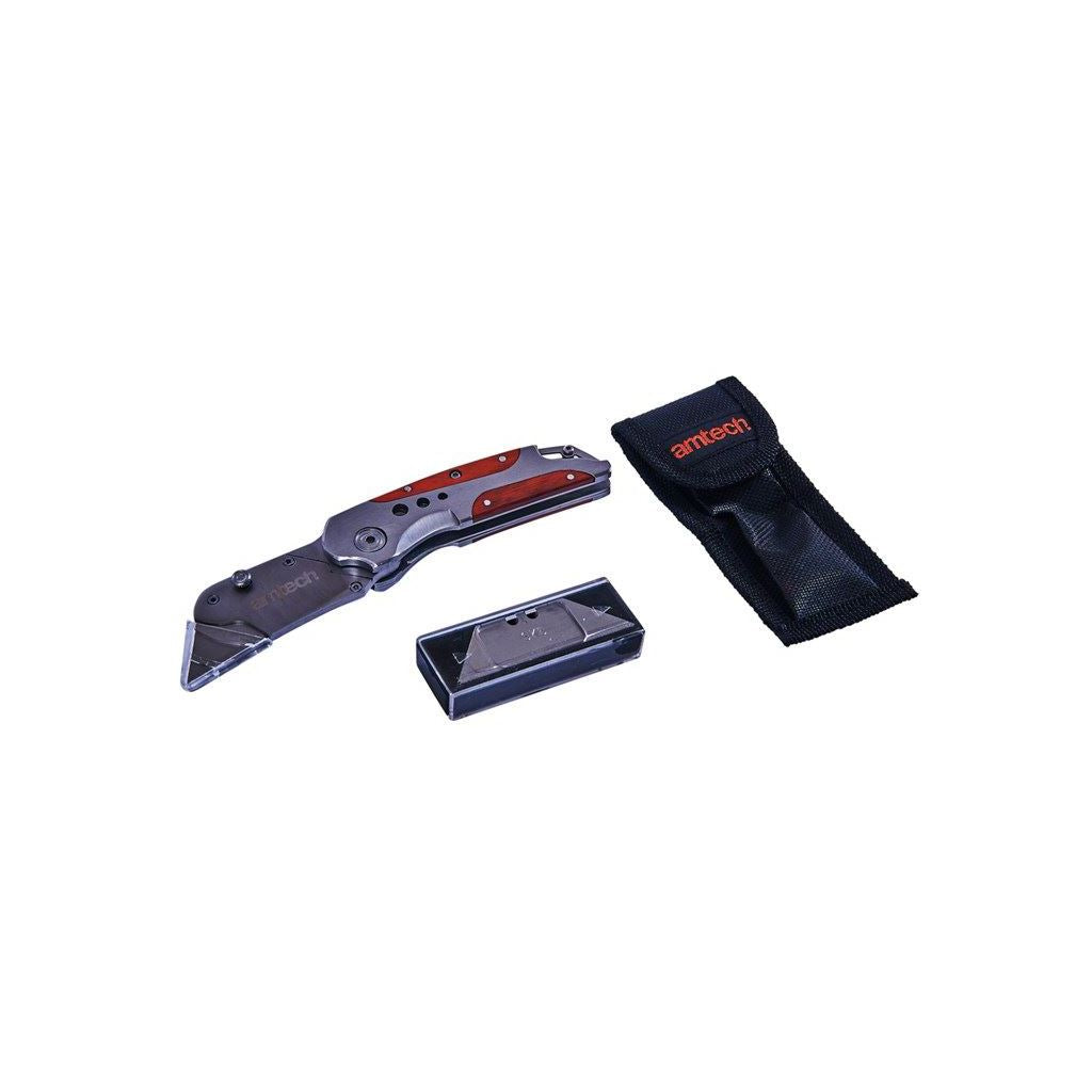 Amtech Folding Lock-Back Utility Knife - Wooden Grip - S0305