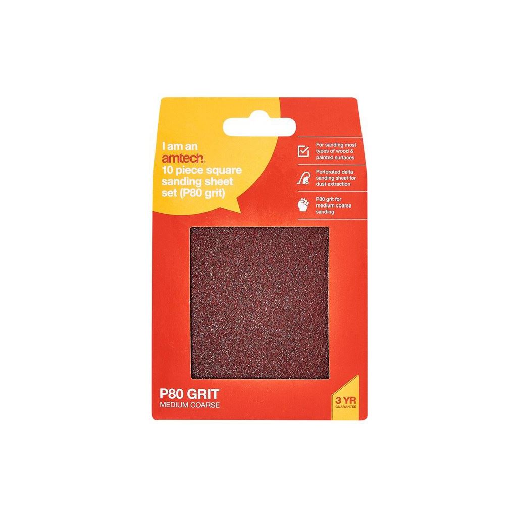 Punched Hook & Loop Sanding Square Sheet Multi Surface 110mm Pack Of 10 P80 Grit - V4045