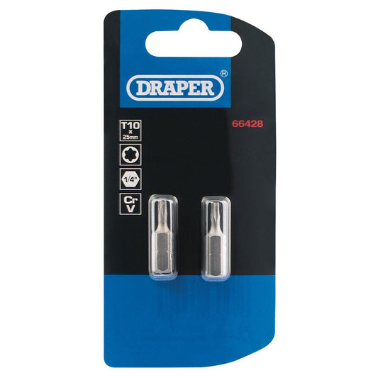 GENUINE Draper T10 1/4" Hex. Draper TX-STAR® Insert Bit 25mm Long x 2 | 66428