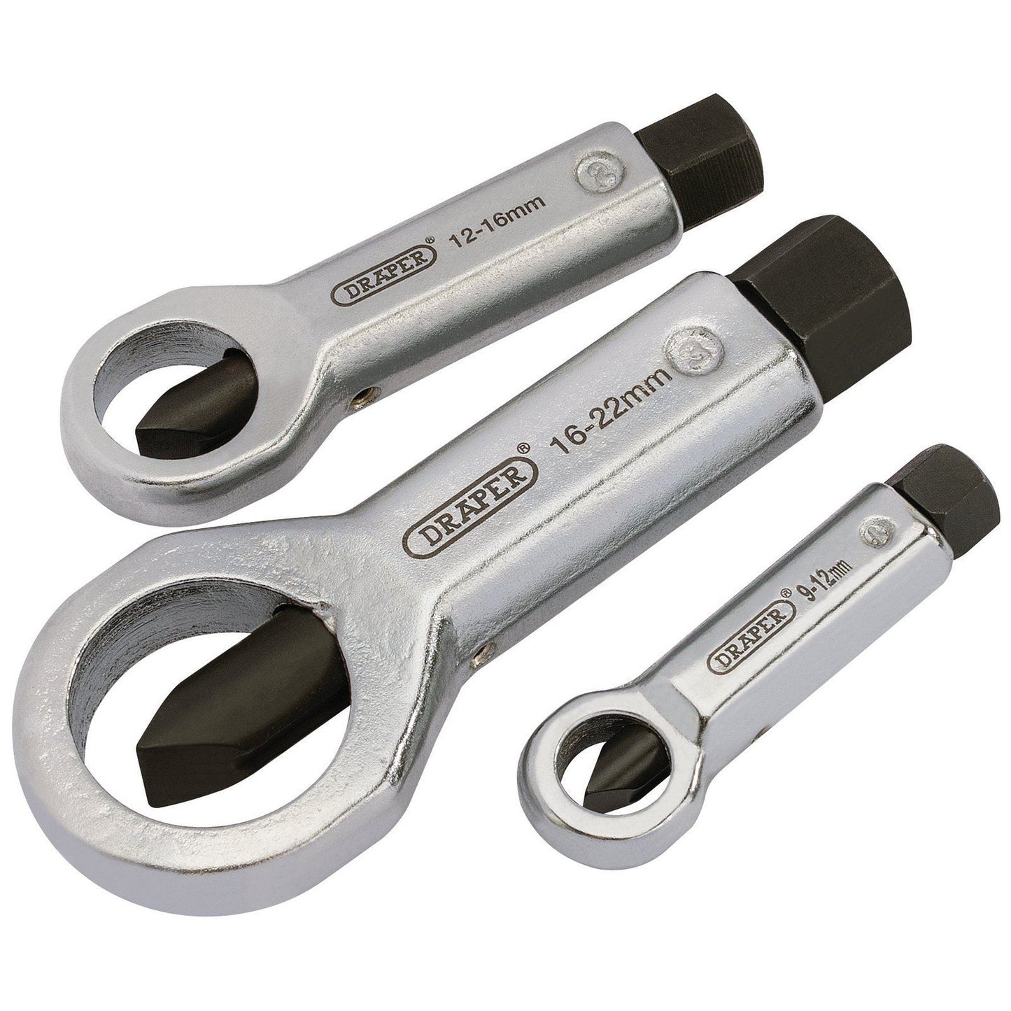 Draper 3 Piece Nut Splitter, 9mm-22mm Capacity for removing damaged Nuts. 55108.