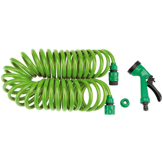 Draper 10m Coiled Recoil Coil Garden Hose & 5 Pattern Spray Gun/Tap Connector - 83984