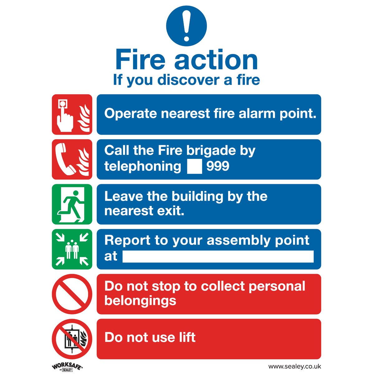 Sealey Safety Sign - Fire Action With Lift - Self-Adhes. Pack of 10 SS19V10