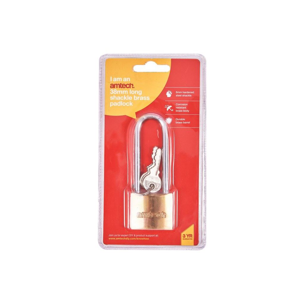 Amtech 38mm Long Shackle Brass Padlock - T1500C