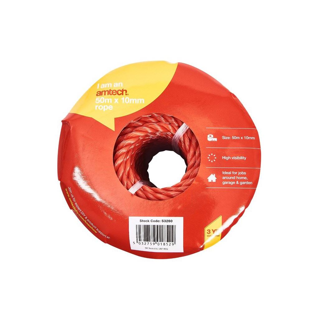 Amtech Hi Visibility Polypropylene Strong Rope 50m x 10m Rope - S3260