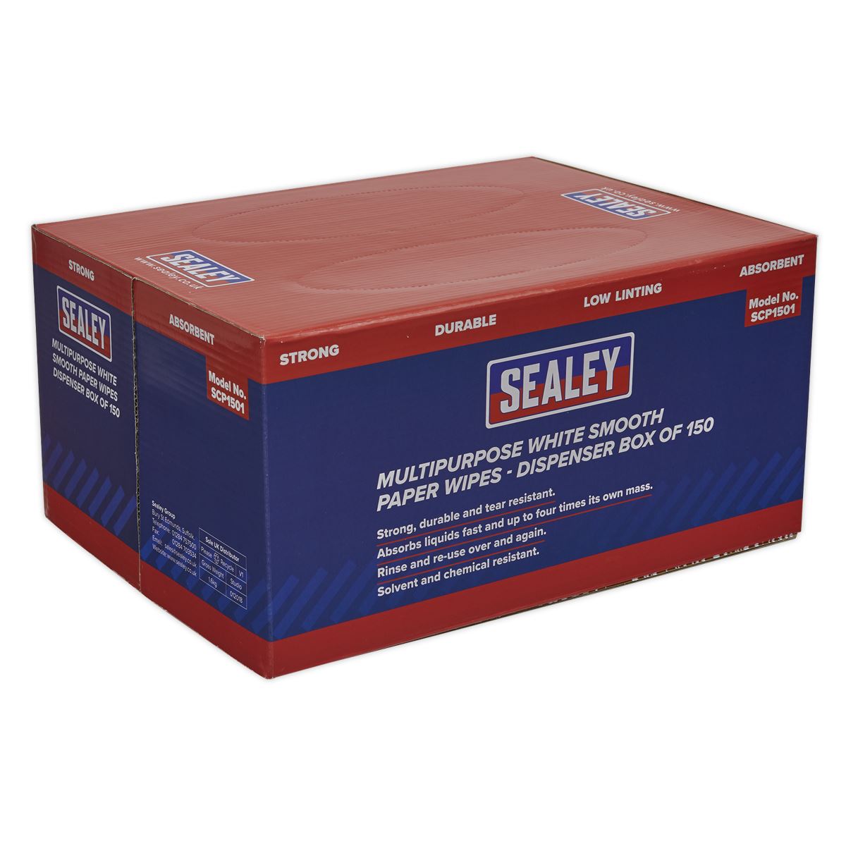 Sealey Paper Wipes In Dispenser Box - Smooth White 73gsm 150 Sheets SCP1501