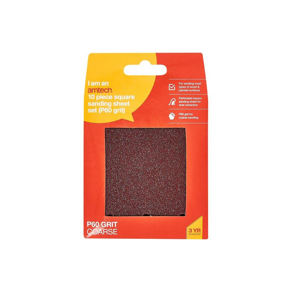 Punched Hook & Loop Sanding Square Sheet Multi Surface 110mm Pack Of 10 P60 Grit - V4040