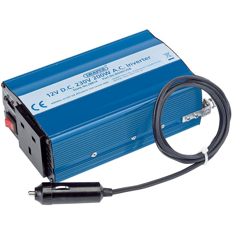 Draper 12V Vehicle/Car Battery 200W Dc-Ac Power Inverter - 28814