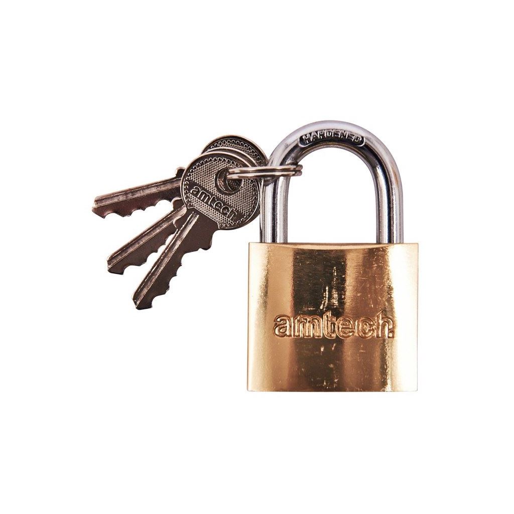 Amtech Padlock 38mm Long Shackle Brass Pad Garage/Shed/Gate/Worksop - T1200C