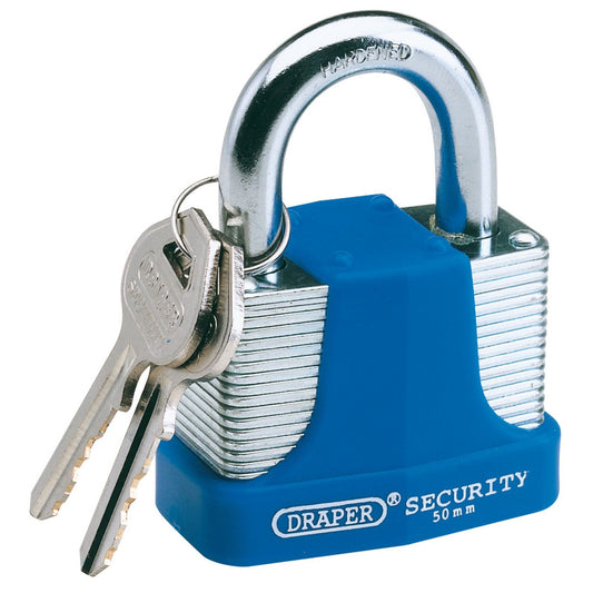 Draper 50mm Laminated Steel Padlock and 2 Keys with Hardened Steel Shackle and B - 64182