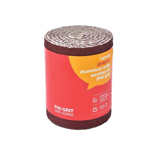 Amtech 5m x 115mm Red Aluminium Oxide Sanding Roll 40 Grit P40 Sandpaper Sander - V4100