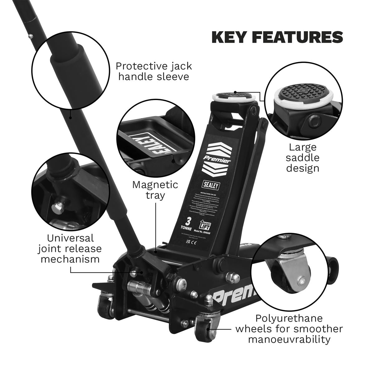 Sealey Trolley Jack 3 tonne Rocket Lift Black 3040AB