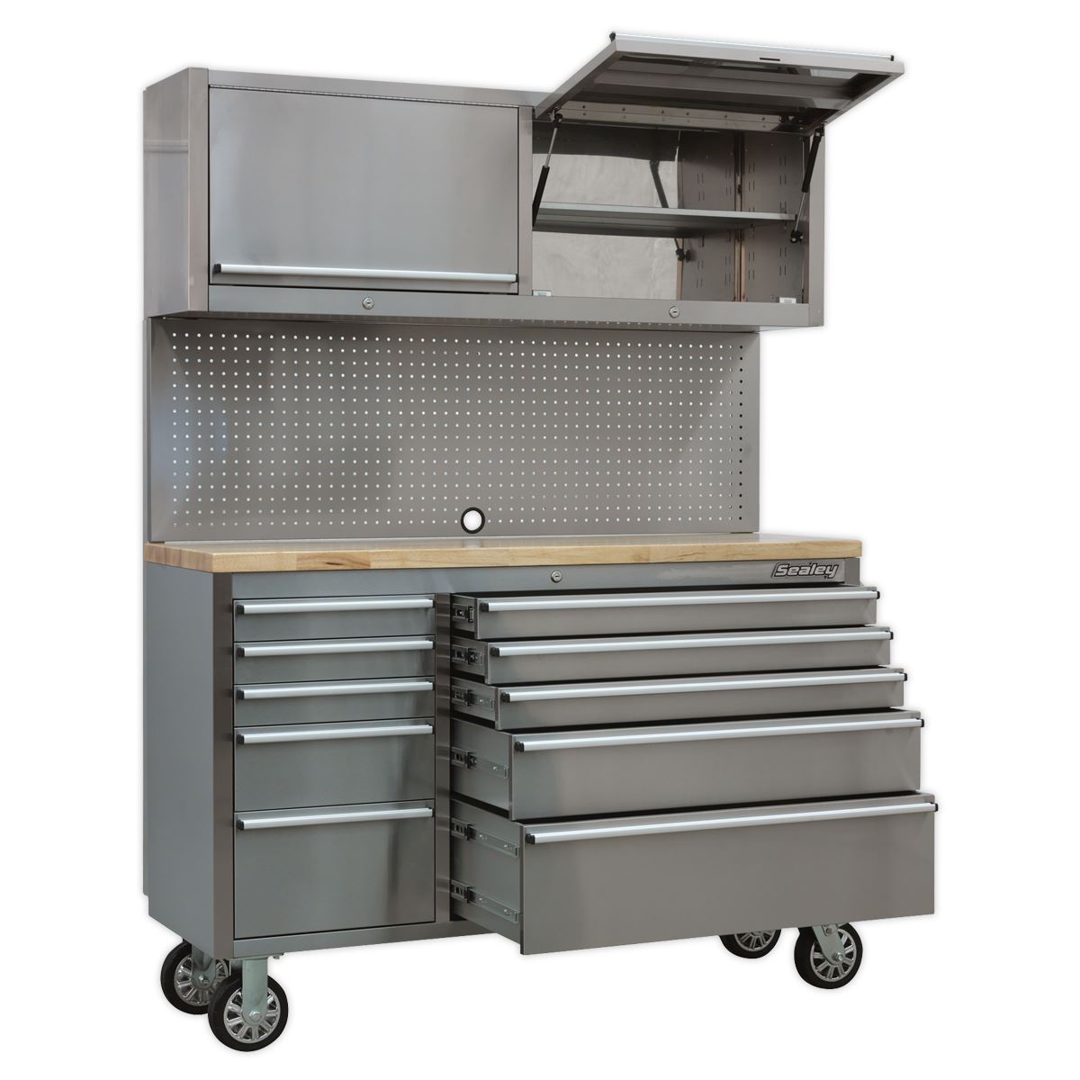 Premier Mobile Stainless Steel Tool Cabinet 10 Drawer with Backboard & 2 Wall Cupboards AP5520SS