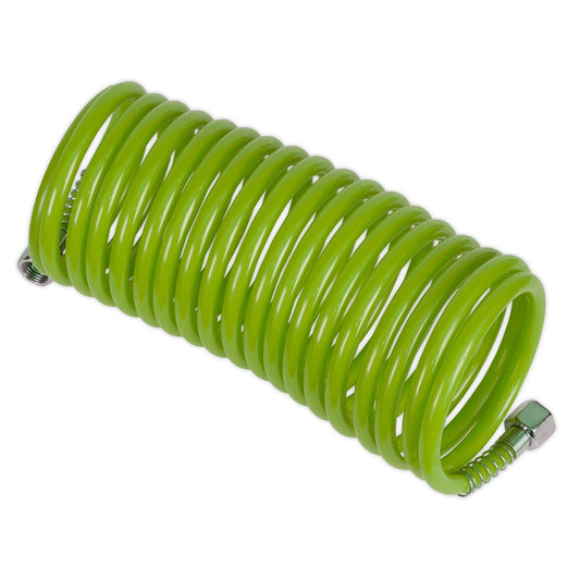 Sealey PE Coiled Air Hose 5m x 5mm with 1/4"BSP Unions - Green SA335G