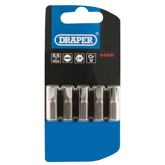 1x Pack Of 2 Draper 5.5mm 1/4" Hex Plain Slot Insert Bit - 25mm Long - 64009