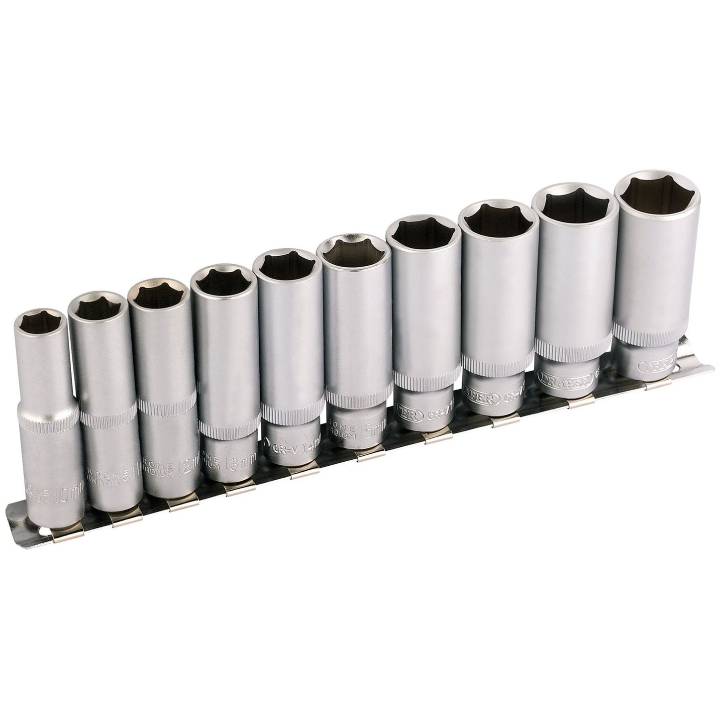 Draper 3/8'' Square Drive Deep Socket Set 16401 On Metal Rail 10 Piece