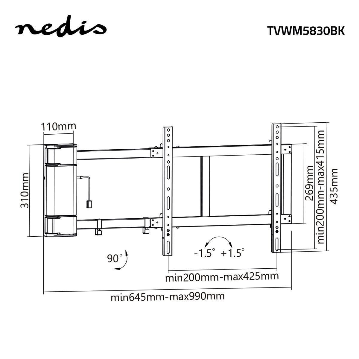 Nedis Motorised TV Wall Mount 32-60" 40 kg Rotatable 47mm 990mm Remote Control - TVWM5830BK