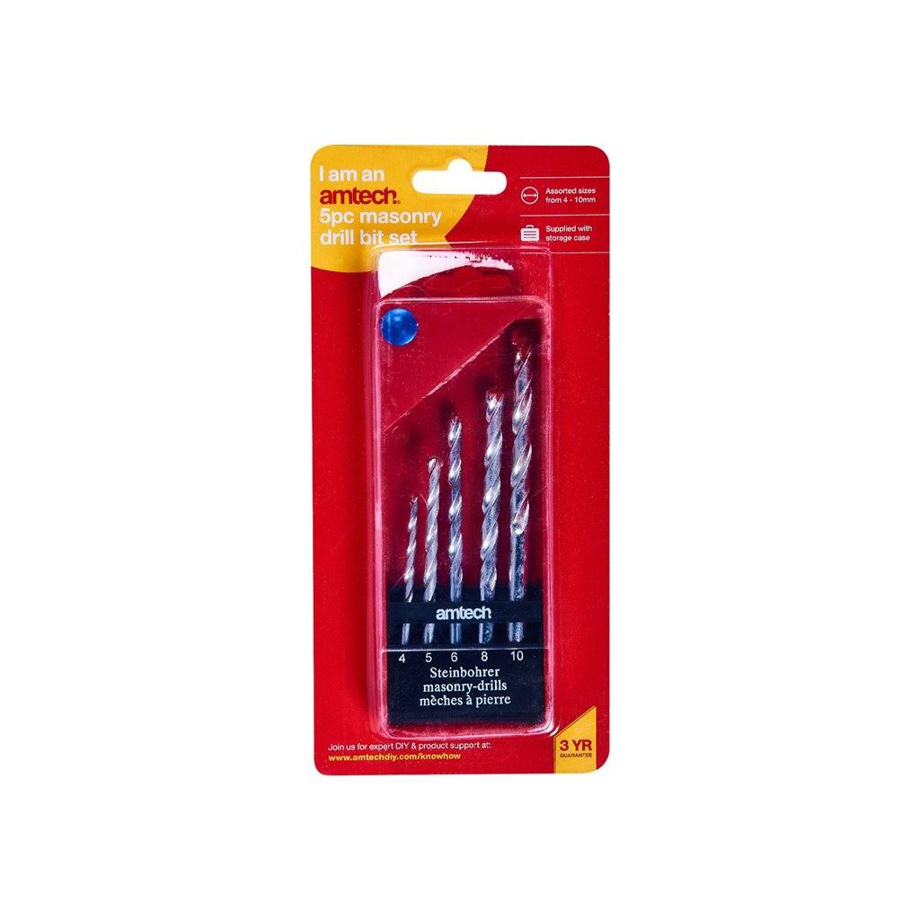 Amtech 4mm 5mm 6mm 8mm 10mm Masonry Drill Bit Concrete Brick Durable 5 Piece Set - F1700