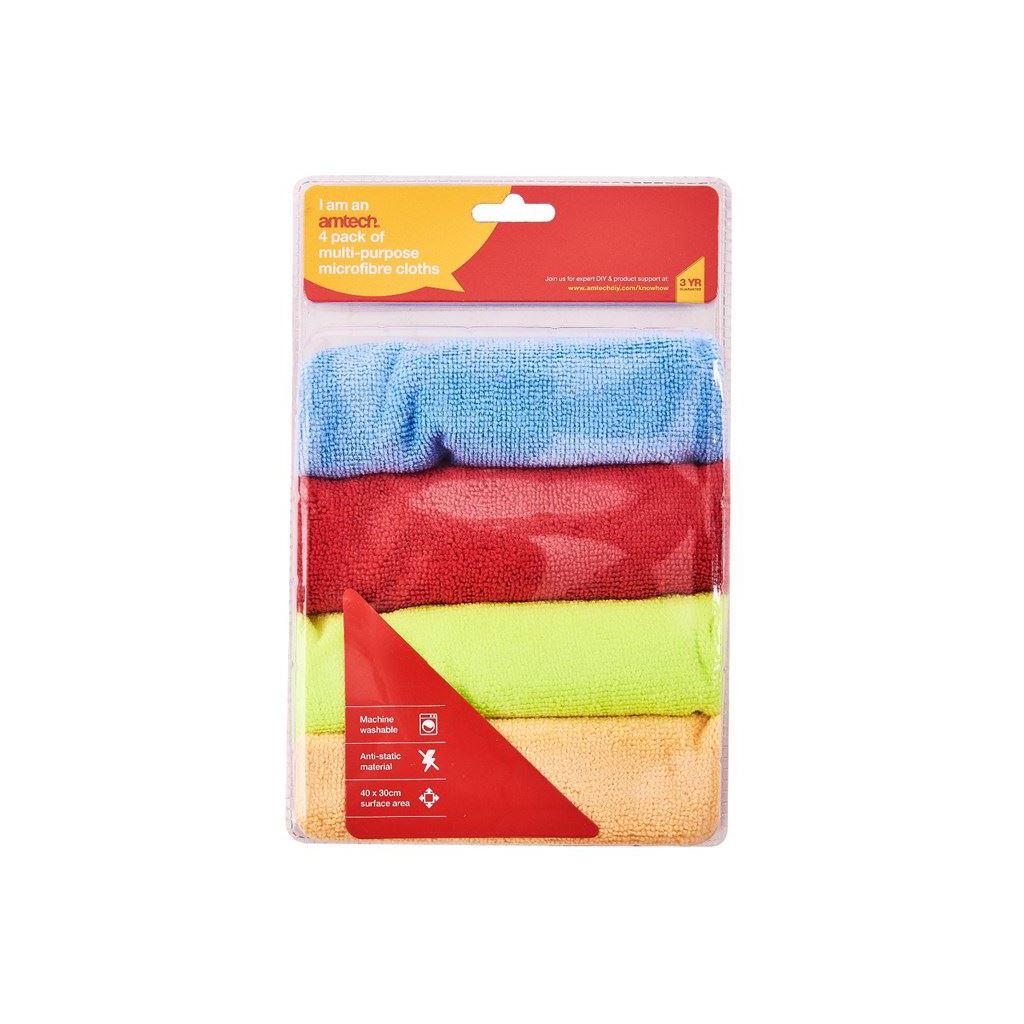 Amtech Pack Of 4 Multi-Purpose Microfibre Cloths 4X Multi Purpose Drying Towel - S6315