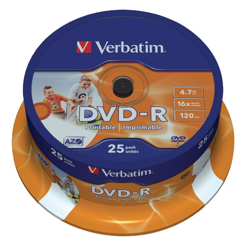 Verbatim DVD-R Wide Inkjet Printable 4.7GB 16x Spindle 25 pcs