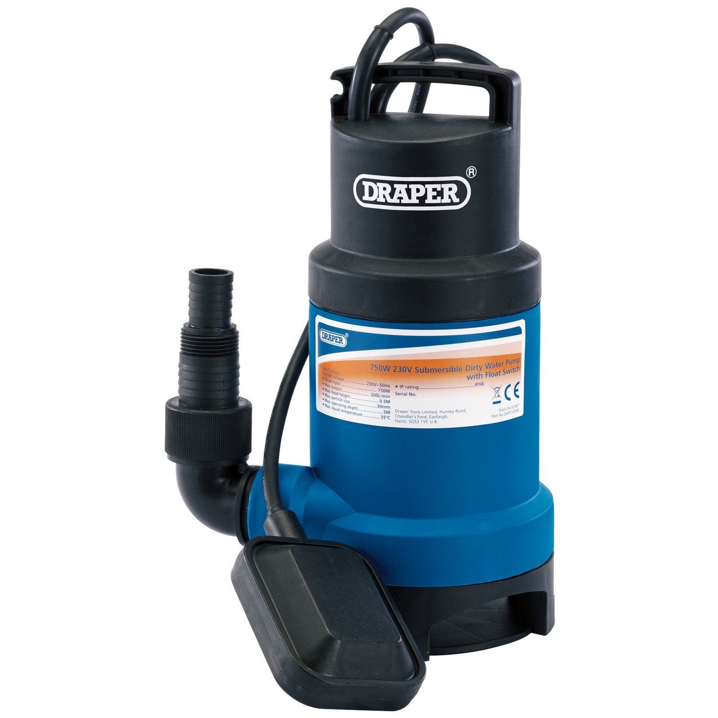 Draper Electric 750W Submersible 200L Dirty/Clean Water Float Switch Pump, 61667