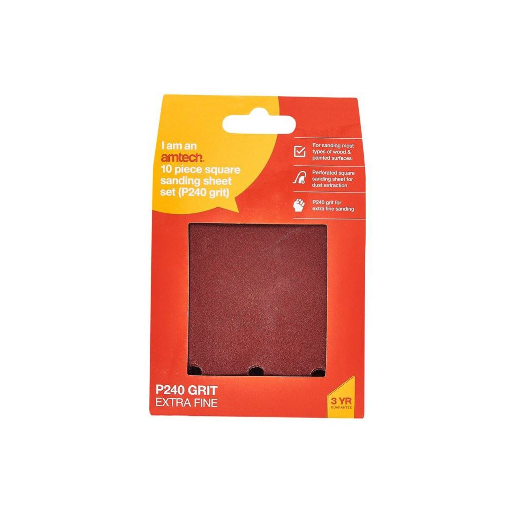 Punched Hook & Loop Sanding Square Sheet Multisurface 110mm Pack Of 10 P240 Grit - V4055