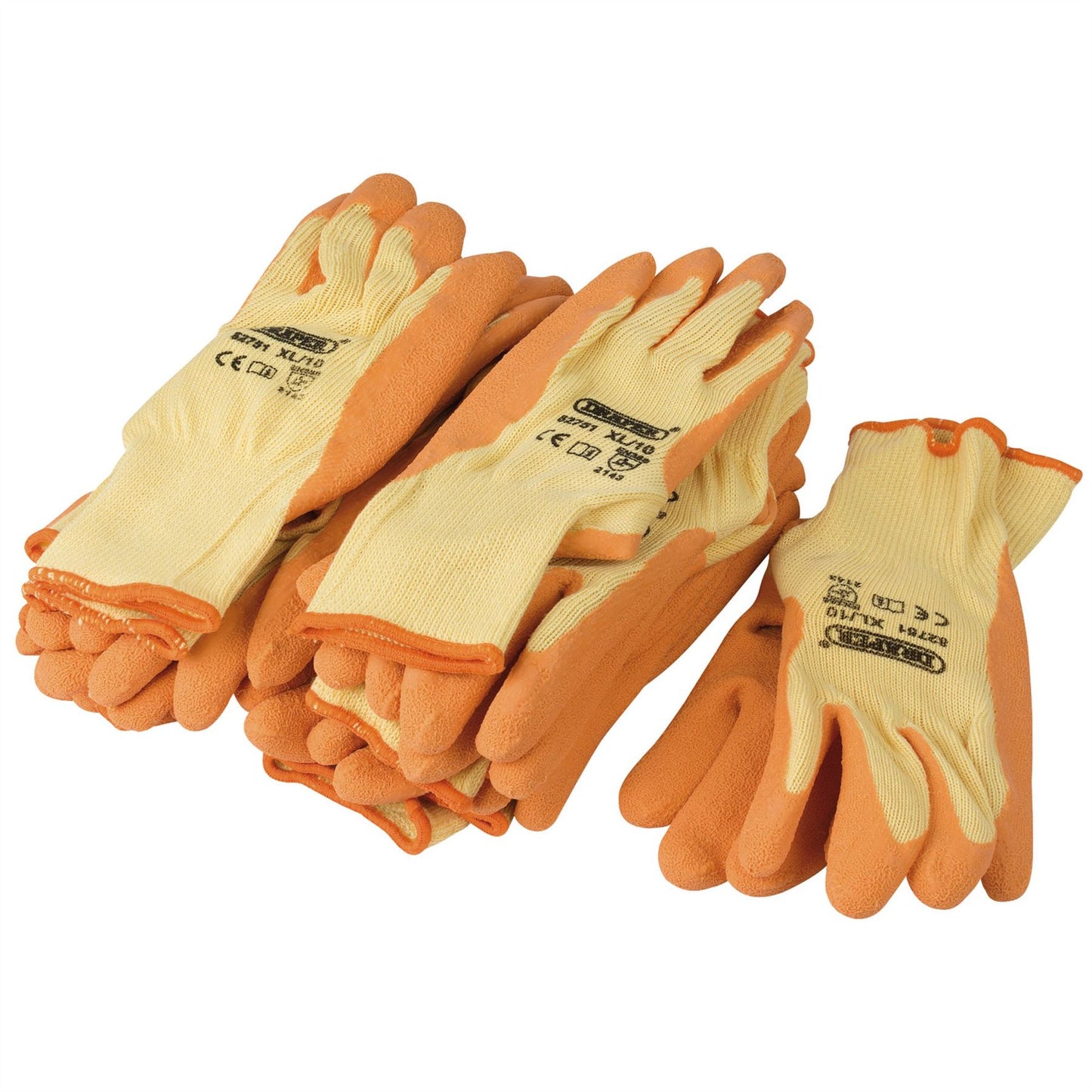 Draper 82751 Pack of Ten Orange Heavy Duty Latex Coated Work Gloves - ExtraLarge