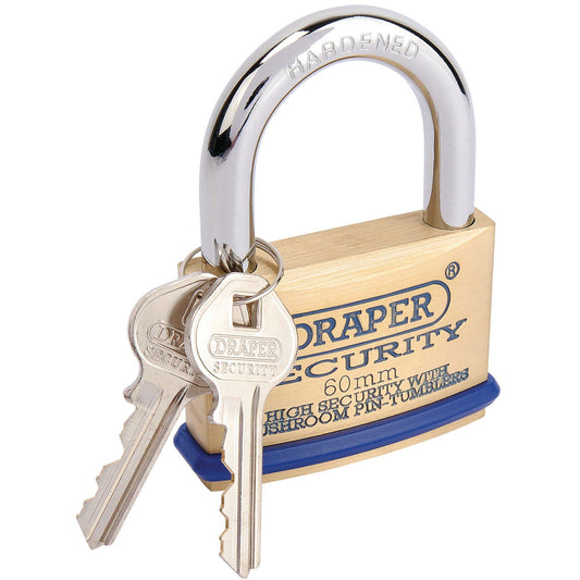 Draper 64163 8302/60 60mm Solid Brass Padlock + 2 Keys with Mushroom Pin Tumbler