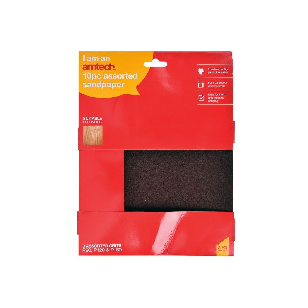 Amtech 10pc Assorted Sandpaper (P 80/120/180) (280 x 230mm) - S3855