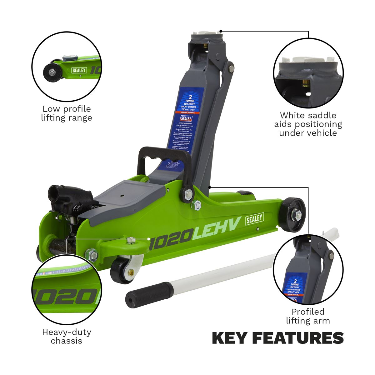 Sealey Trolley Jack 2 tonne Low Entry Short Chassis - Hi-Vis Green 1020LEHV