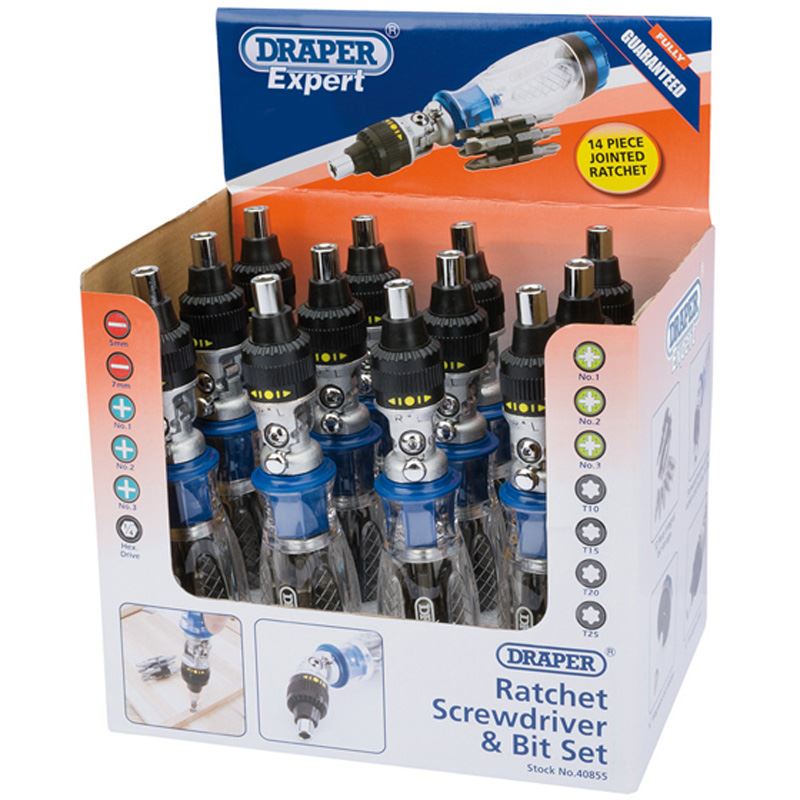 Draper 180° Swivel Jointed Ratchet Screwdriver and 13-Piece Bit Set 40855 Sealed