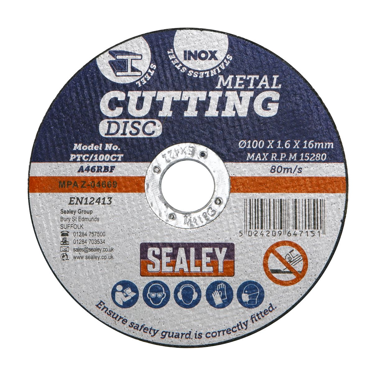 Sealey Cutting Disc 100 x 1.6mm 16mm Bore PTC/100CT