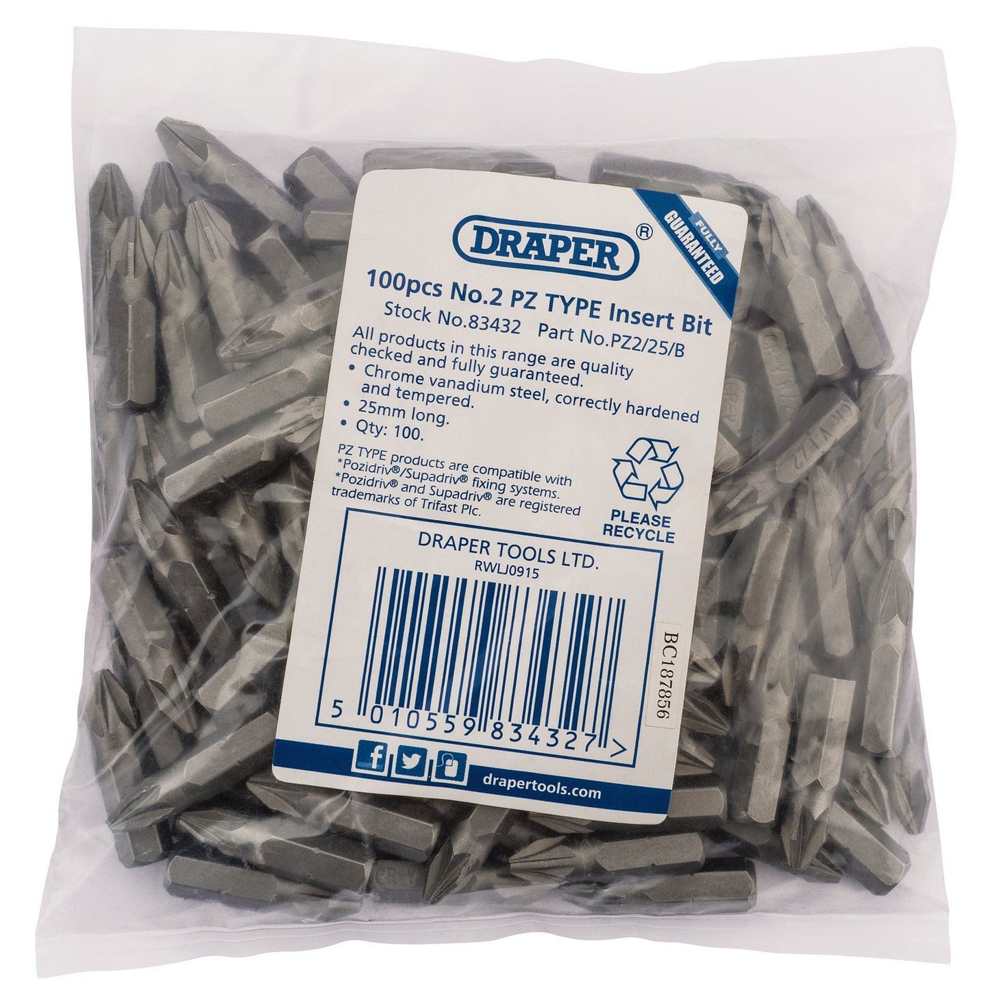 1x Pack Of 100 Draper No.2 Pz Type 1/4" Insert Bits - 83432