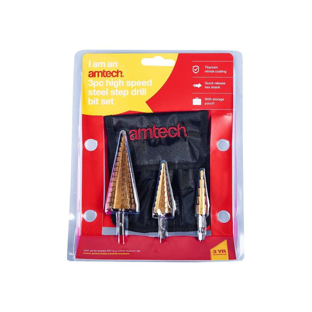 Amtech 3 Piece 4-12/20/32mm Hss Hex Shank Step Cone Drill Bit Hole Cutter Set - F0790