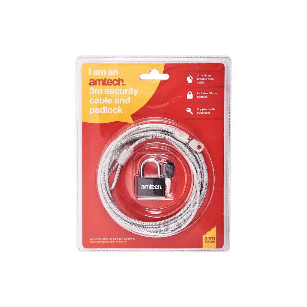 Amtech 3M X 4mm Security Cable & Padlock - T1695