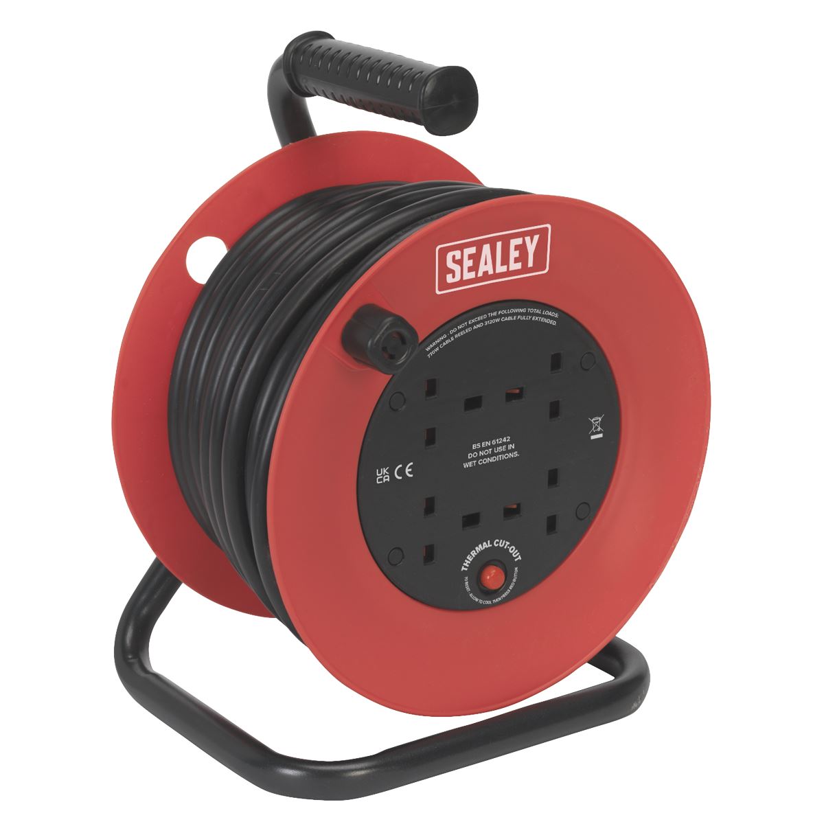Sealey Cable Reel 25m 4 x 230V 2.5mm Heavy-Duty Thermal Trip CR22525