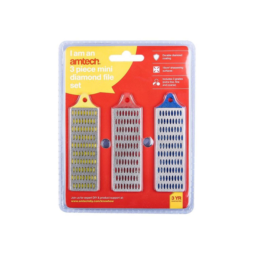 Amtech 3x Mini Diamond File Set Excellent For Sharpening Chisels/Garden Shears - E2520