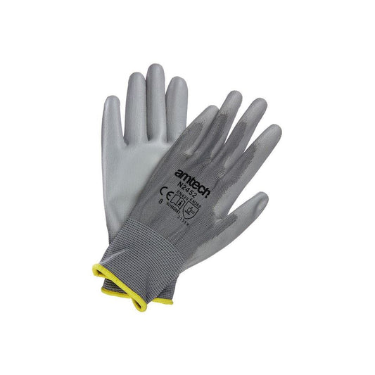 Amtech Light Duty Pu Coated Palm Gloves Grey Medium Size 8 Workman/Mechanic - N2452