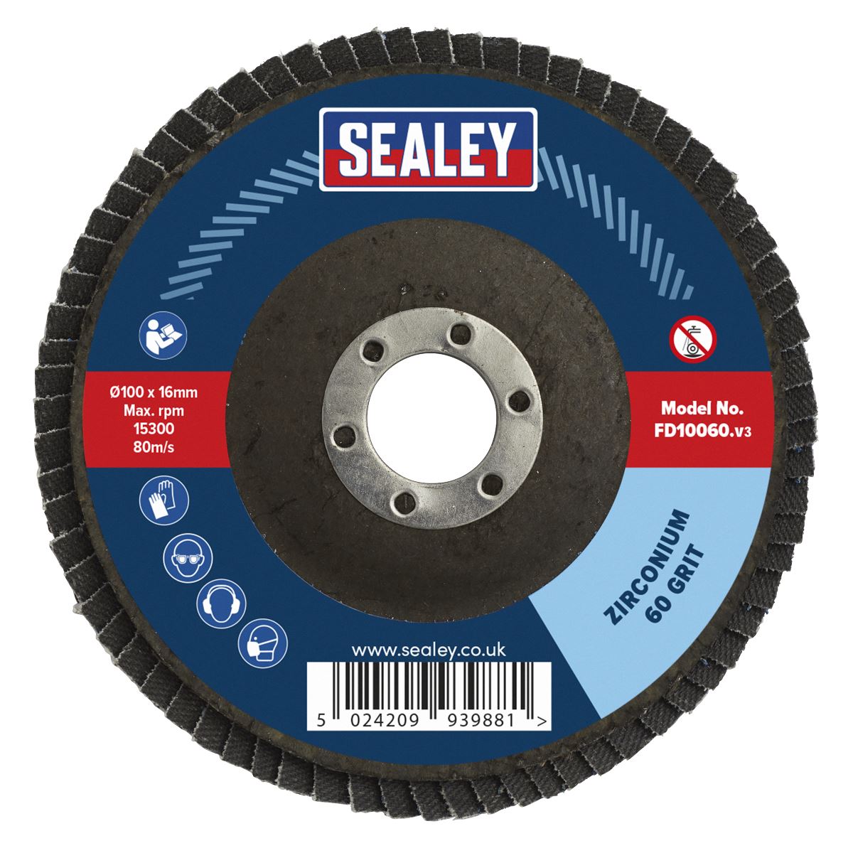 Sealey Flap Disc Zirconium 100mm 16mm Bore 60Grit FD10060