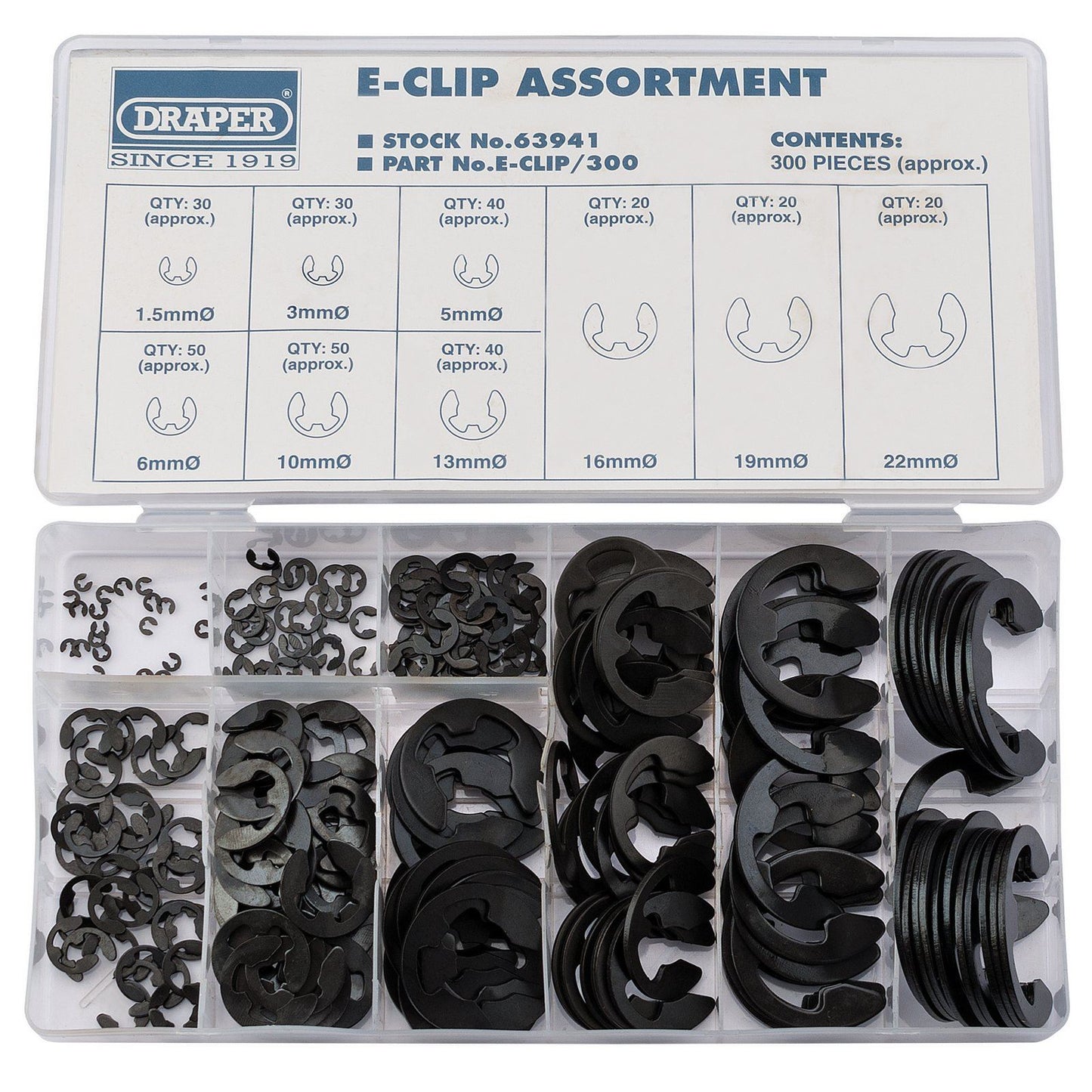 Draper 1x 300 Piece E Clip Assortment Garage Professional Standard Tool 63941