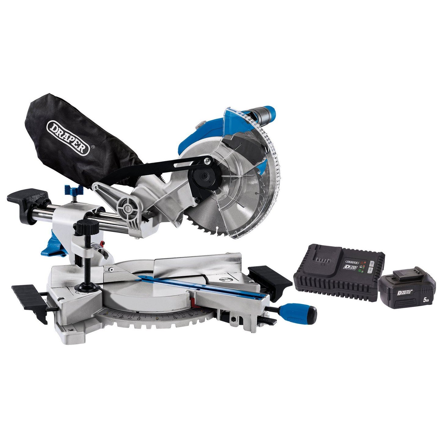 Draper PTKCPKIT2A 20V 1x5Ah 185mm Brushless Sliding Compound Mitre Saw Twin Char - 99970