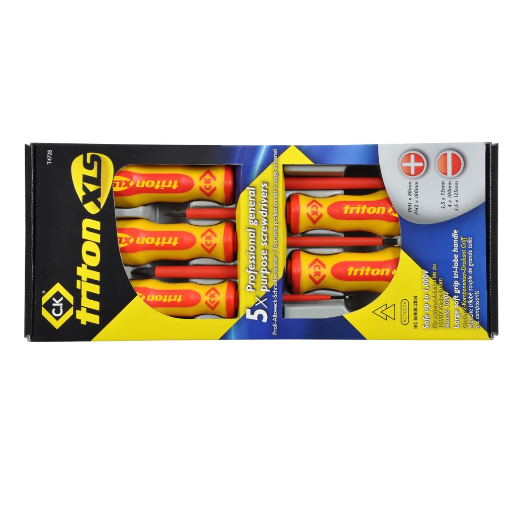 CK Tools Triton XLS Insulated Screwdriver - 5 Piece Set SL/PH contains Slotted parallel 2.5x75, 4x100, 5.5x125, PH1x80, PH2x100 - T4728