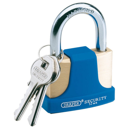 Draper 52mm Solid Brass Padlock and 2 Keys with Hardened Steel Shackle and Bumpe - 64166
