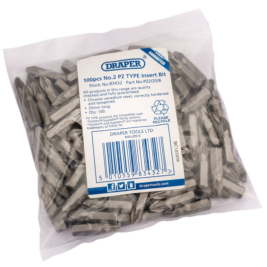 1x Pack Of 100 Draper No.2 Pz Type 1/4" Insert Bits - 83432