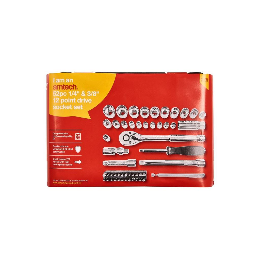 52 Piece 1/4" & 3/8" 12 Point Socket Set Ratchet Extension Bar Bit Heavy Duty - I0635