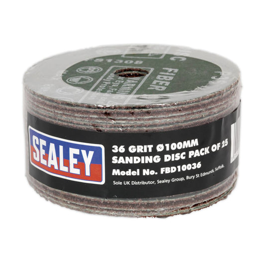 Sealey Sanding Disc Fibre Backed 100mm 36Grit Pack of 25 FBD10036