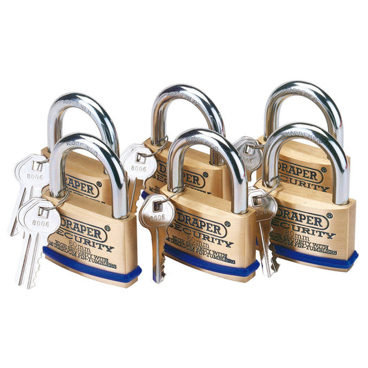 Draper Pack of 6 x 60mm Solid Brass Padlocks with Hardened Steel Shackle [67663]