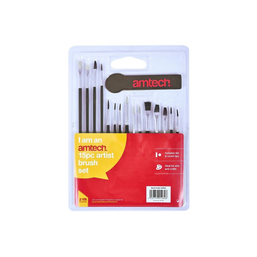 Amtech 15 Piece Artist Paint Brush Set Flat Tip & Round Tip Artist Brush Set - S4000