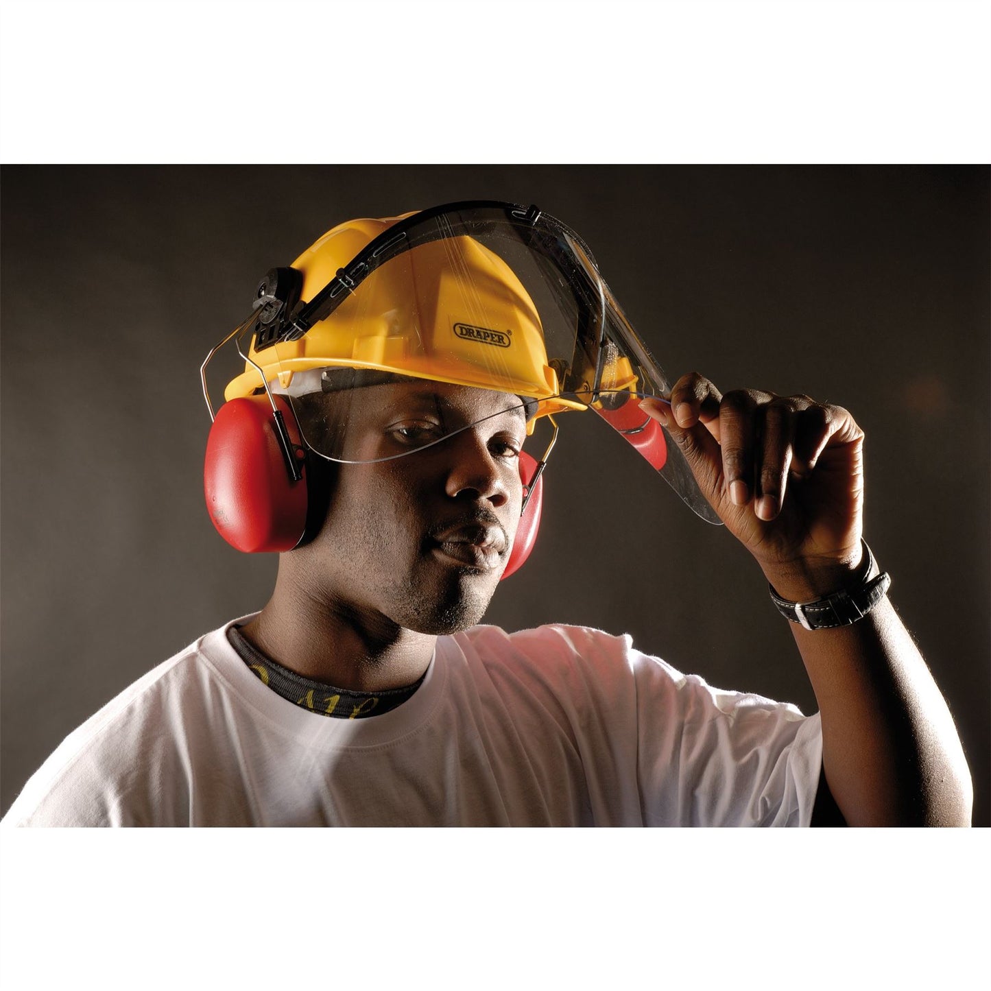 Draper 69933 Safety Helmet with Ear Defenders and Visor, Yellow